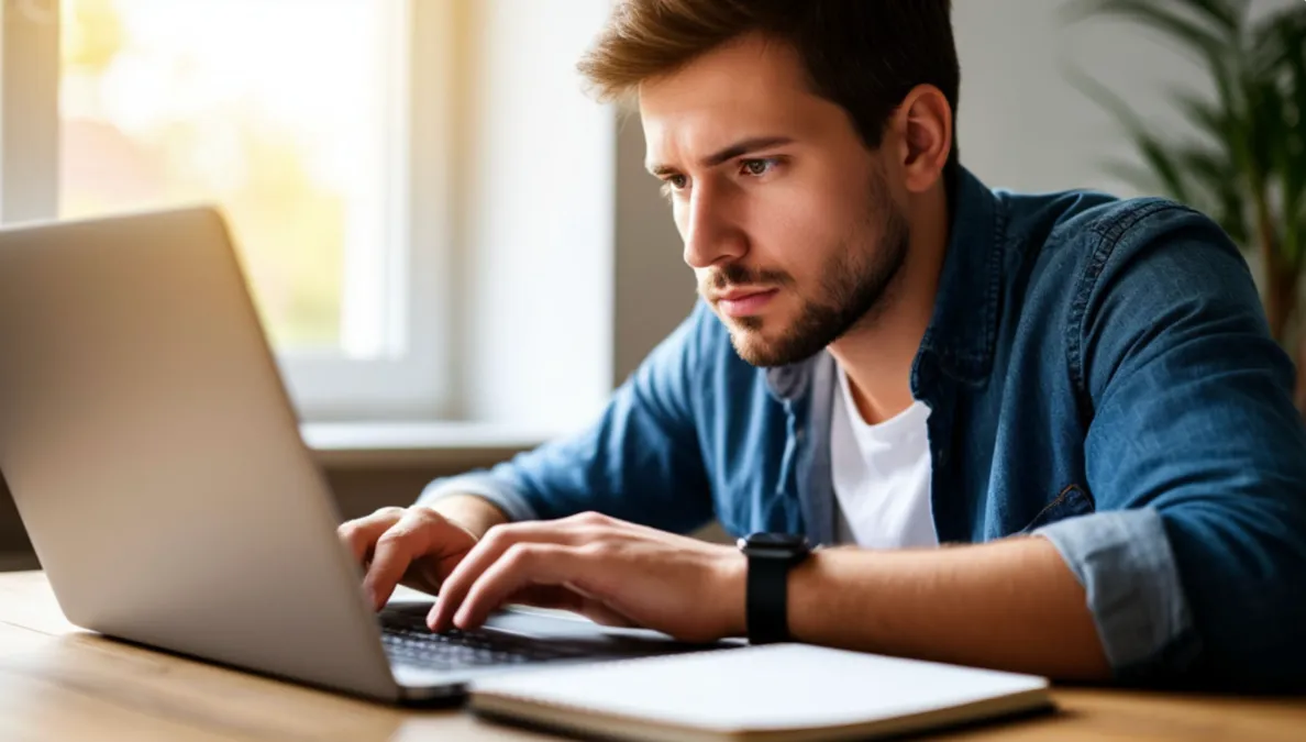 Persona analizando datos en un portátil con cuaderno de notas