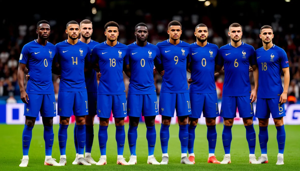 Estadio de fútbol con aficionados franceses durante un partido nocturno