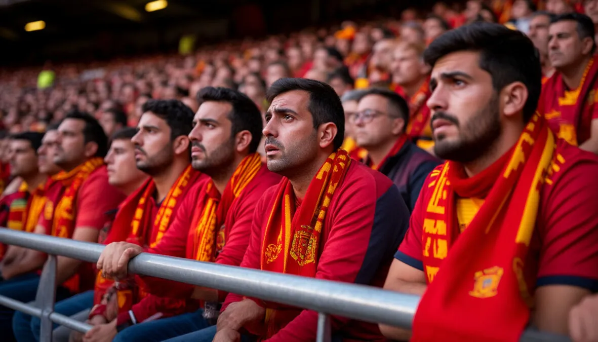 Aficionados españoles viendo un partido con expresiones de concentración