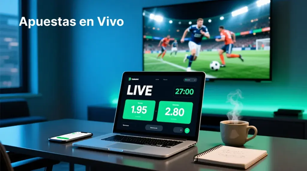 Configuración profesional de apuestas en vivo durante un partido de la Eurocopa con pantallas mostrando cuotas dinámicas y partido en directo