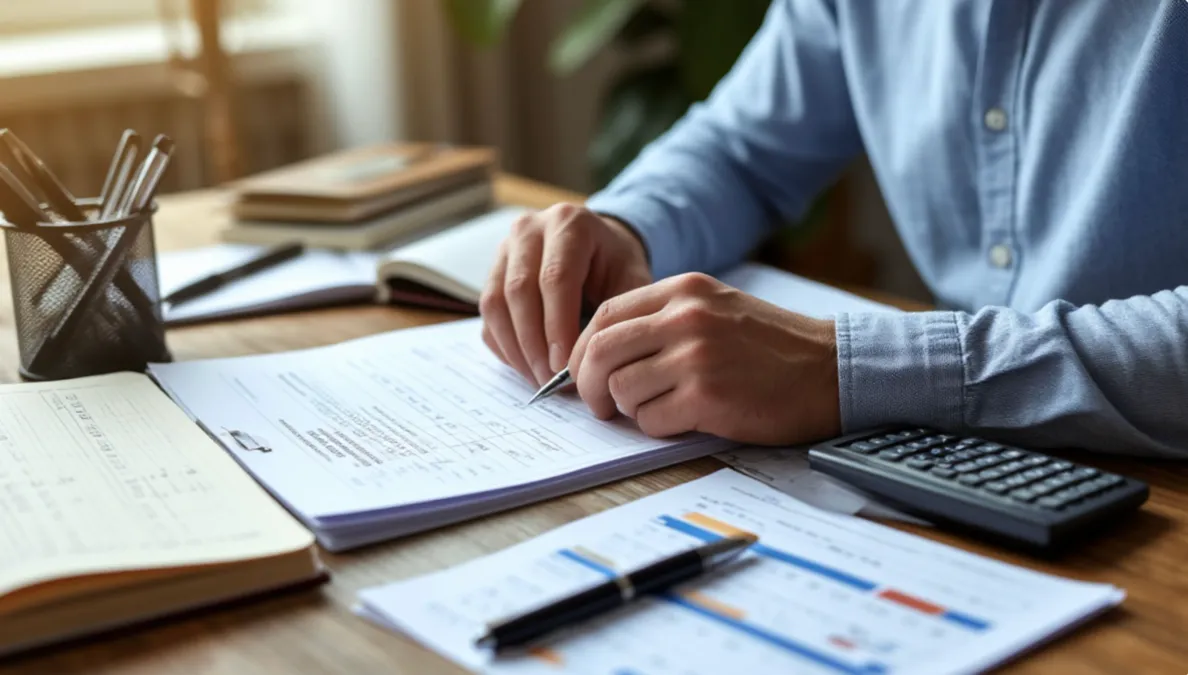 Persona calculando balances con calculadora y registros de transacciones