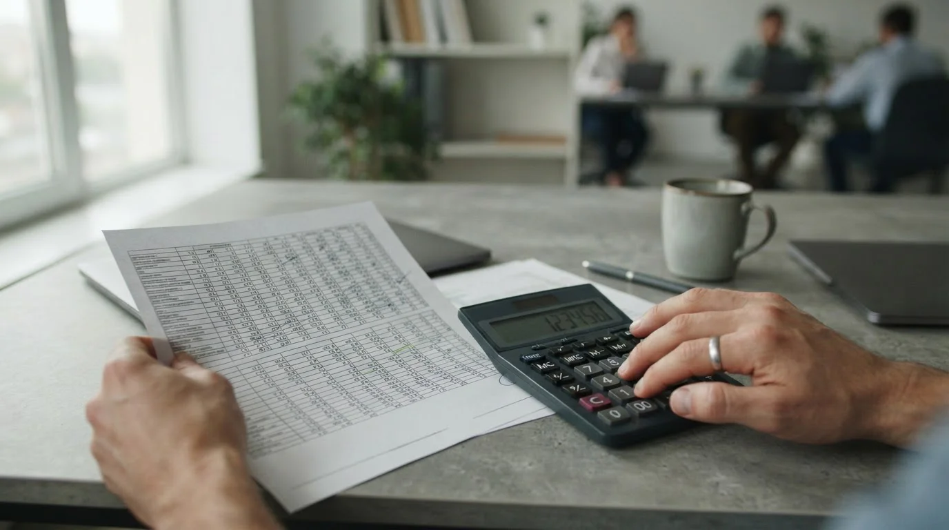 Manos sobre calculadora y hoja de cálculo mostrando desglose de retenciones fiscales
