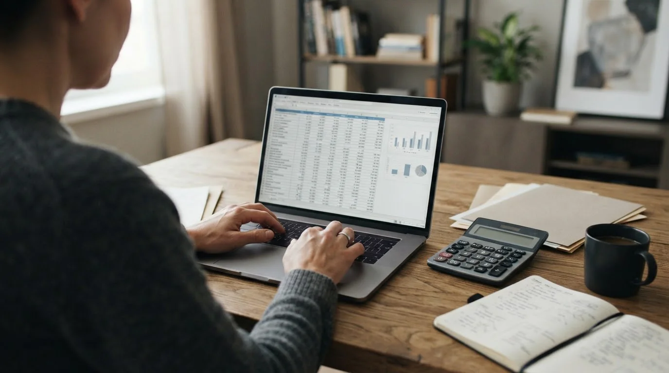Persona revisando condiciones de bonificación con calculadora y documentación sobre mesa