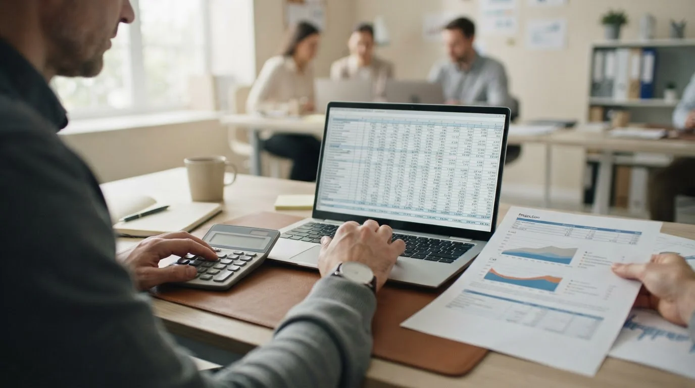 Análisis financiero con calculadora y hojas de cálculo para determinar inversión inicial y punto de equilibrio operativo