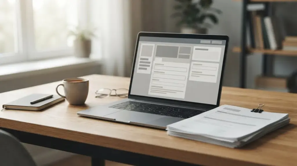 Laptop mostrando interfaz abstracta de casa de apuestas sin registro con documentos de verificación al lado