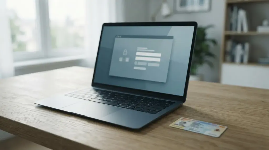 Laptop mostrando interfaz de registro simplificada junto a documento de identidad, representando la disyuntiva entre rapidez y verificación