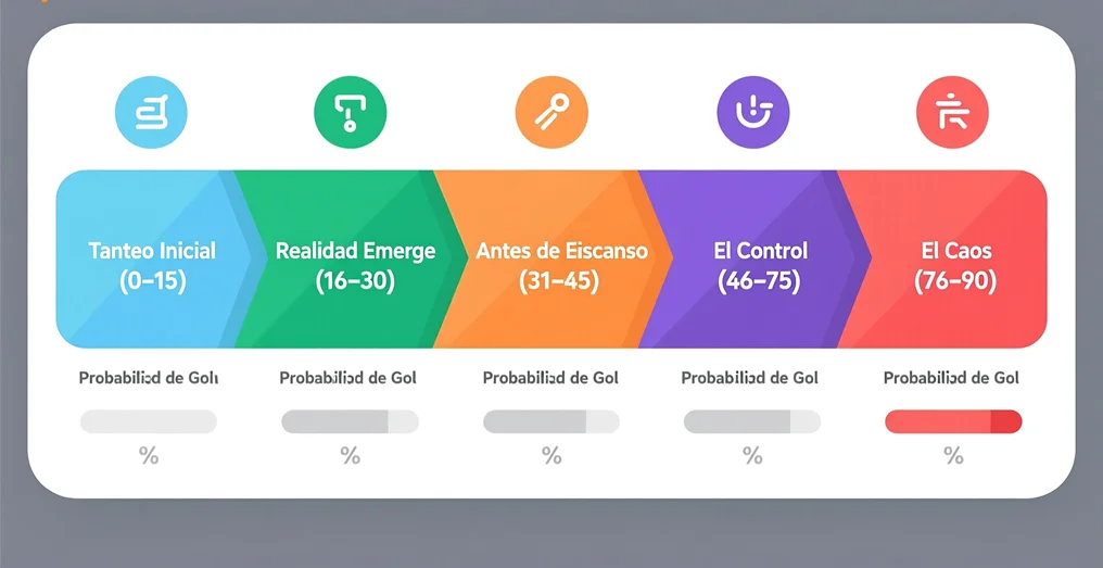 Infografía de las 5 fases temporales de un partido de fútbol con estadísticas de probabilidad de goles en cada fase