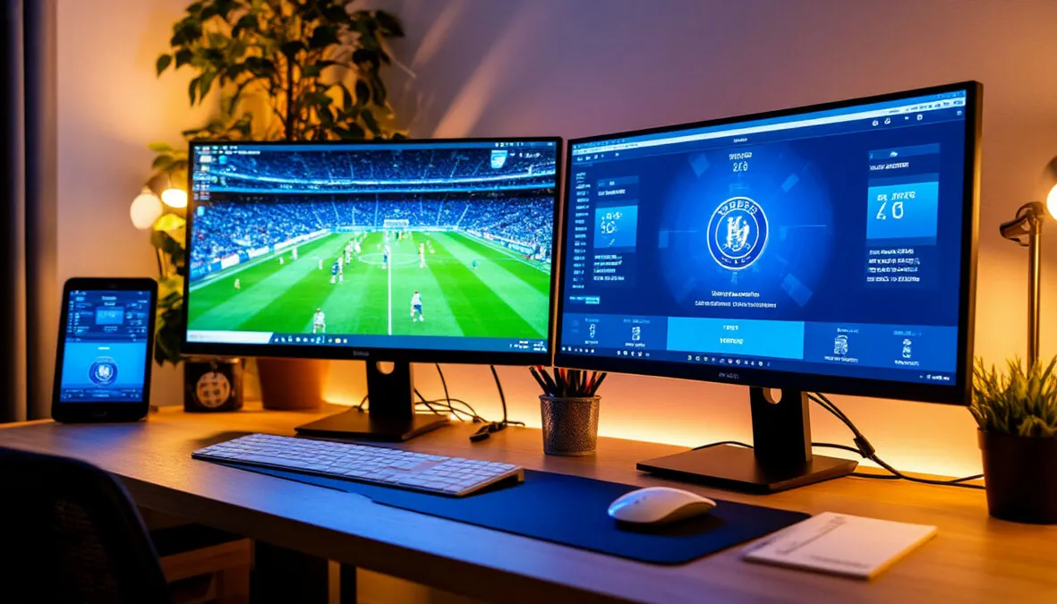 Escritorio con múltiples pantallas mostrando partido y datos de apuestas