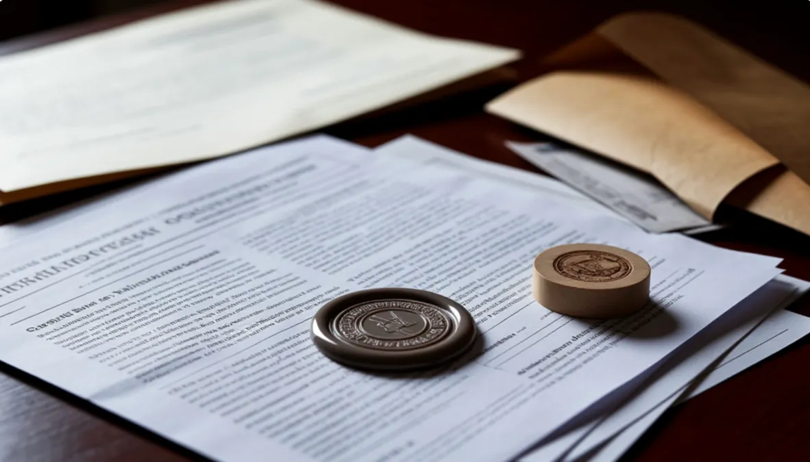 Documentos oficiales de notificación con sello sobre un escritorio