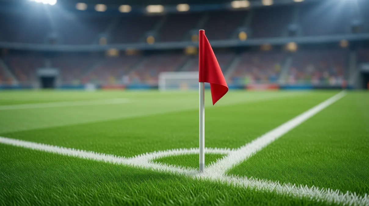Banderín de córner en la esquina de un campo de fútbol profesional