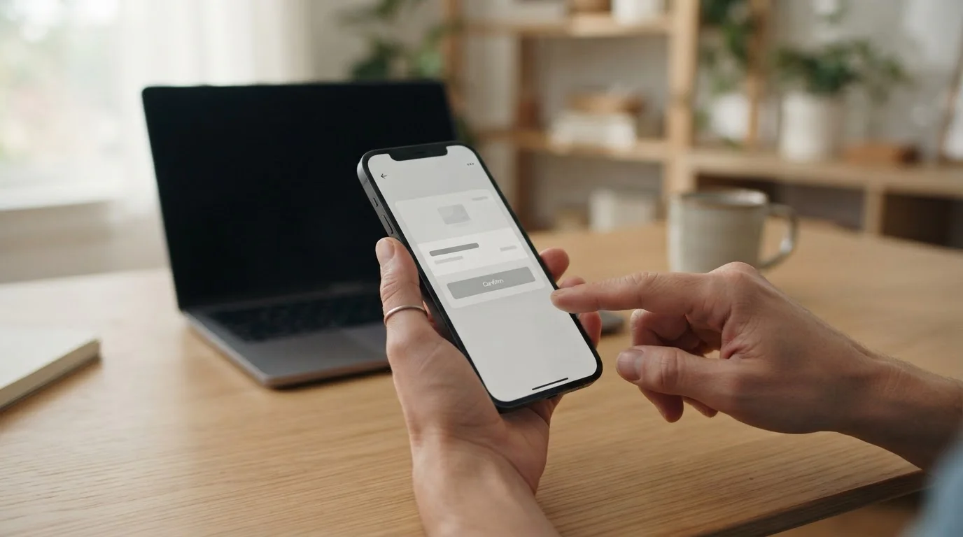 Manos usando smartphone para gestionar transacciones digitales y costes de MuchBetter