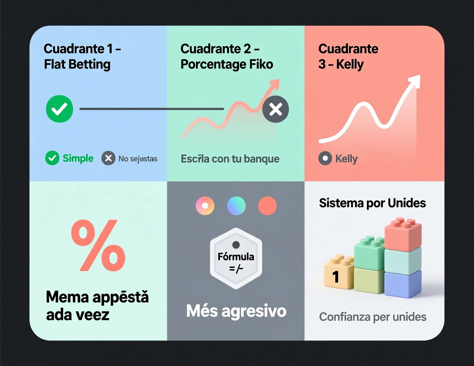 Los cuatro sistemas principales de gestión de bankroll - Flat betting, porcentaje fijo, Kelly y unidades