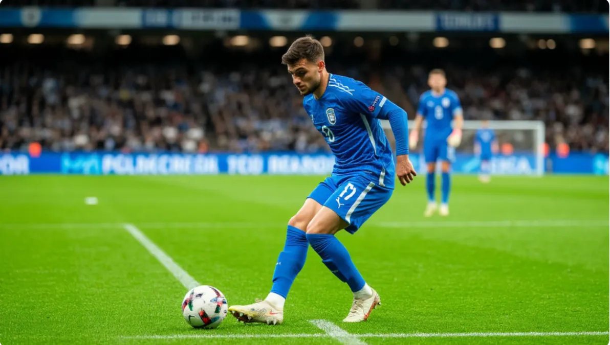 Delantero de fútbol preparándose para rematar dentro del área