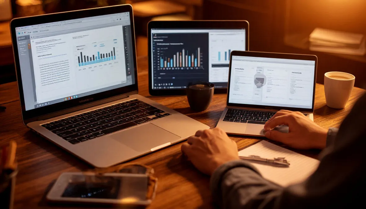 Persona trabajando con múltiples dispositivos en un escritorio