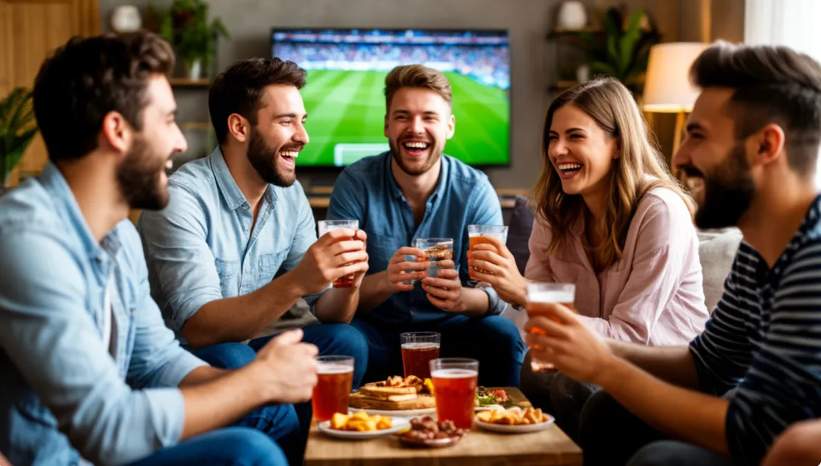 Grupo de amigos viendo un partido de fútbol en ambiente relajado y festivo