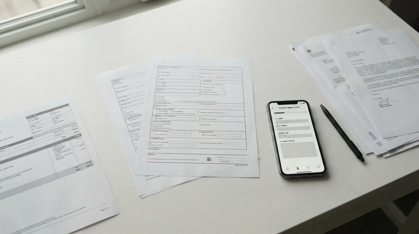 Documentos oficiales de identidad y factura preparados para verificación KYC junto a smartphone