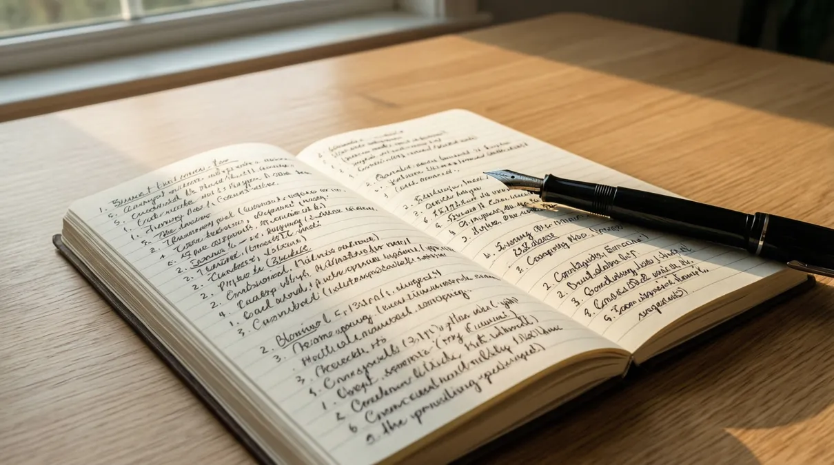 Libreta con plan de gestión financiera escrito a mano