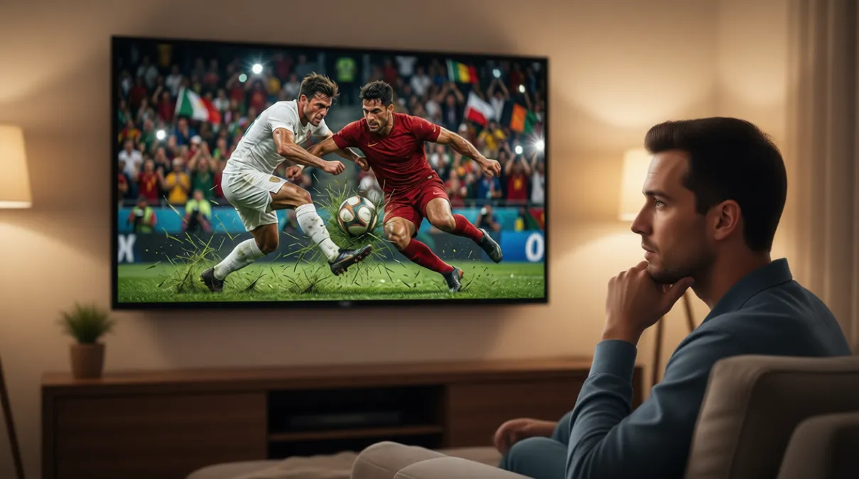 Aficionado viendo un partido de fútbol con expresión pensativa