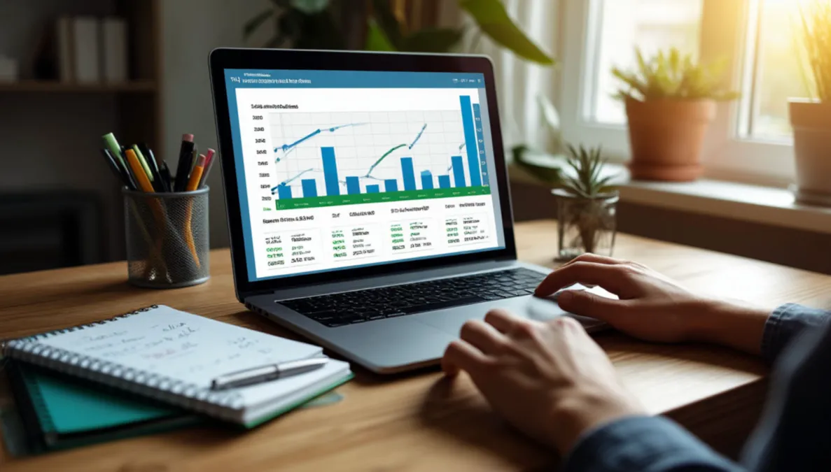Persona revisando estadísticas deportivas en un portátil con bloc de notas