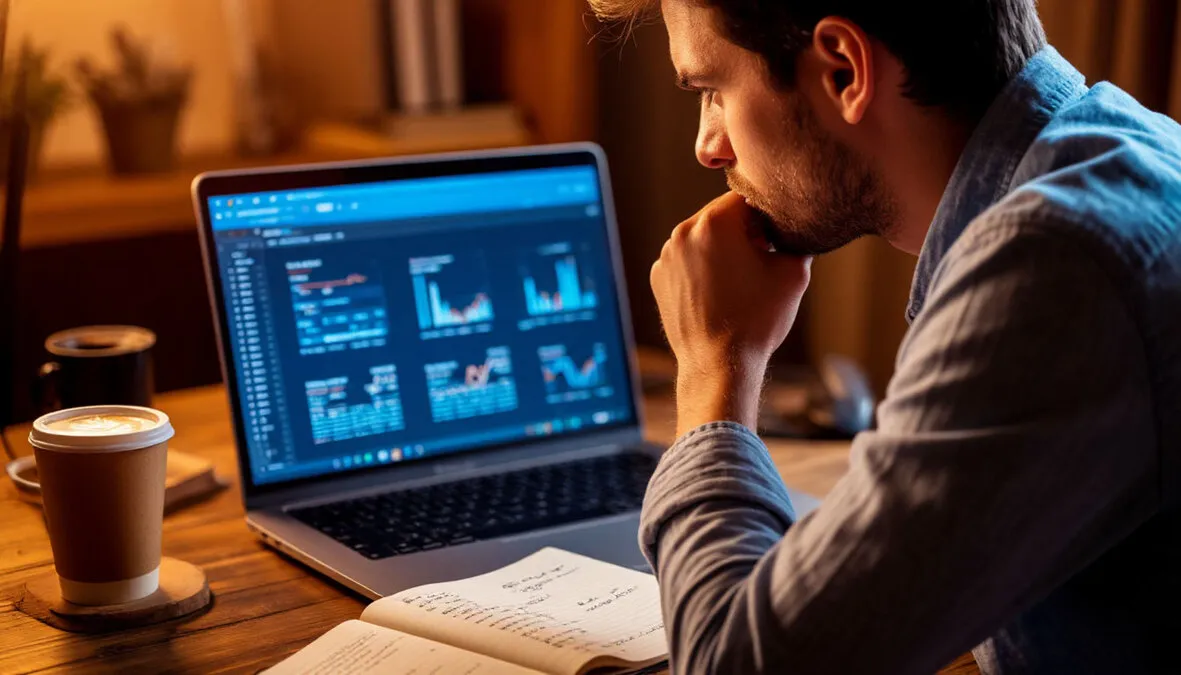 Persona pensativa analizando datos de partidos en un portátil