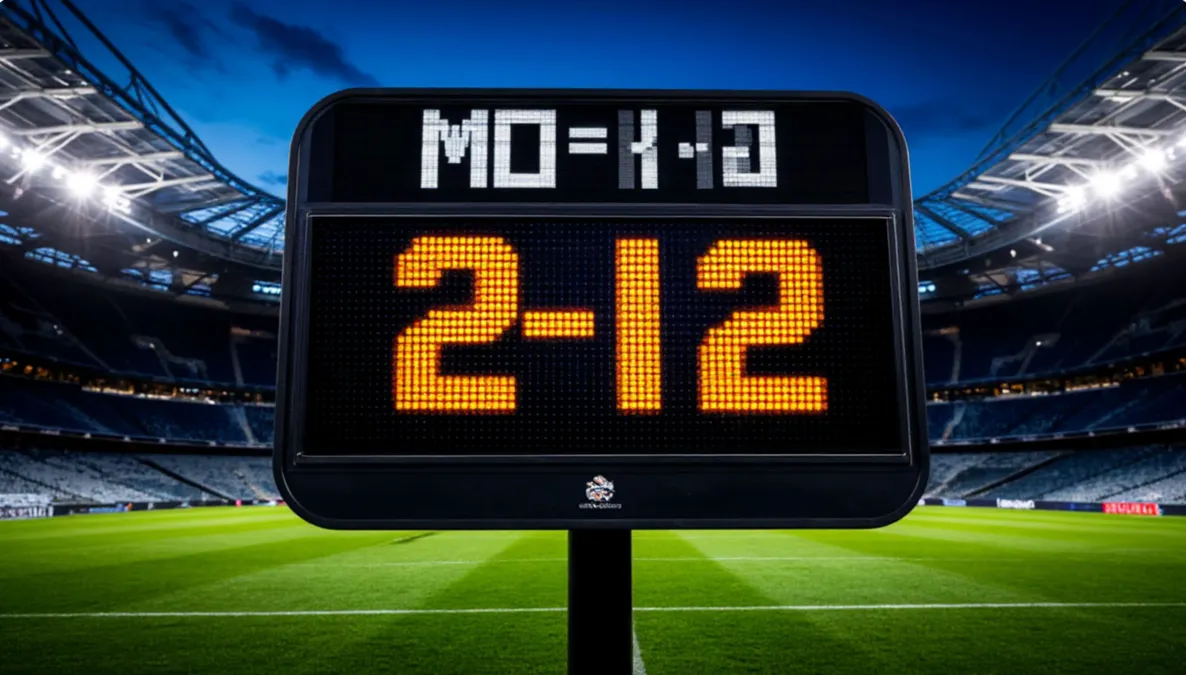 Marcador electrónico de estadio mostrando resultado de un partido de fútbol