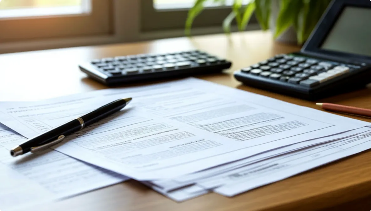 Documentos fiscales y calculadora sobre escritorio