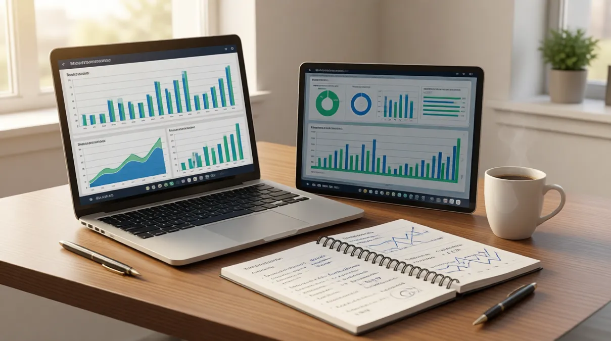 Escritorio con portátil mostrando gráficos de análisis y libreta de notas