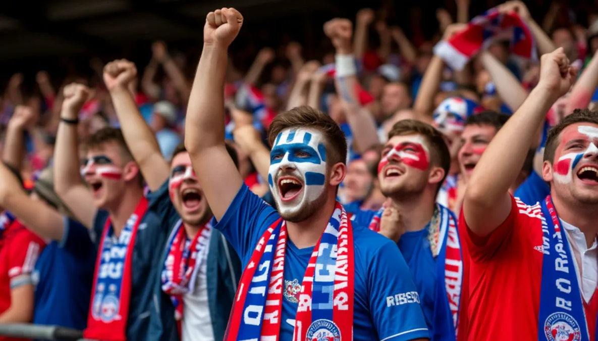 Aficionados de una selección pequeña celebrando en las gradas