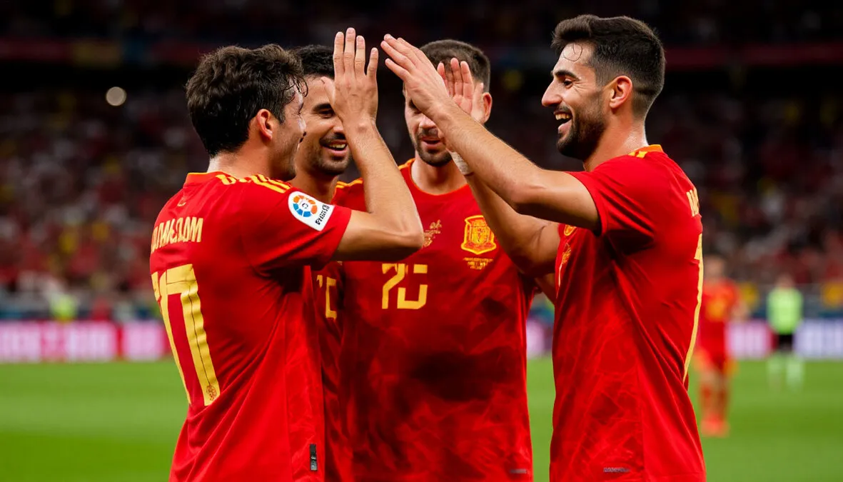 Jugadores de fútbol españoles celebrando una jugada durante un partido