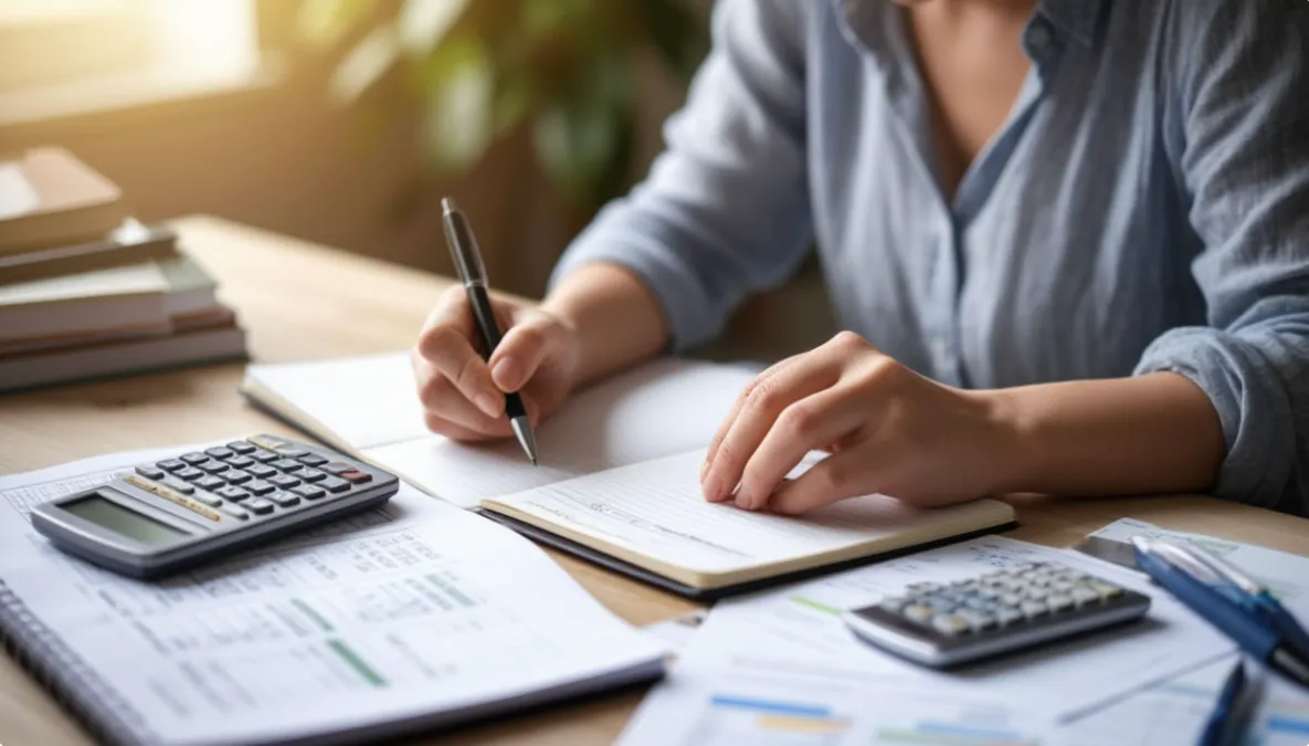 Persona escribiendo en un cuaderno con calculadora planificando su presupuesto