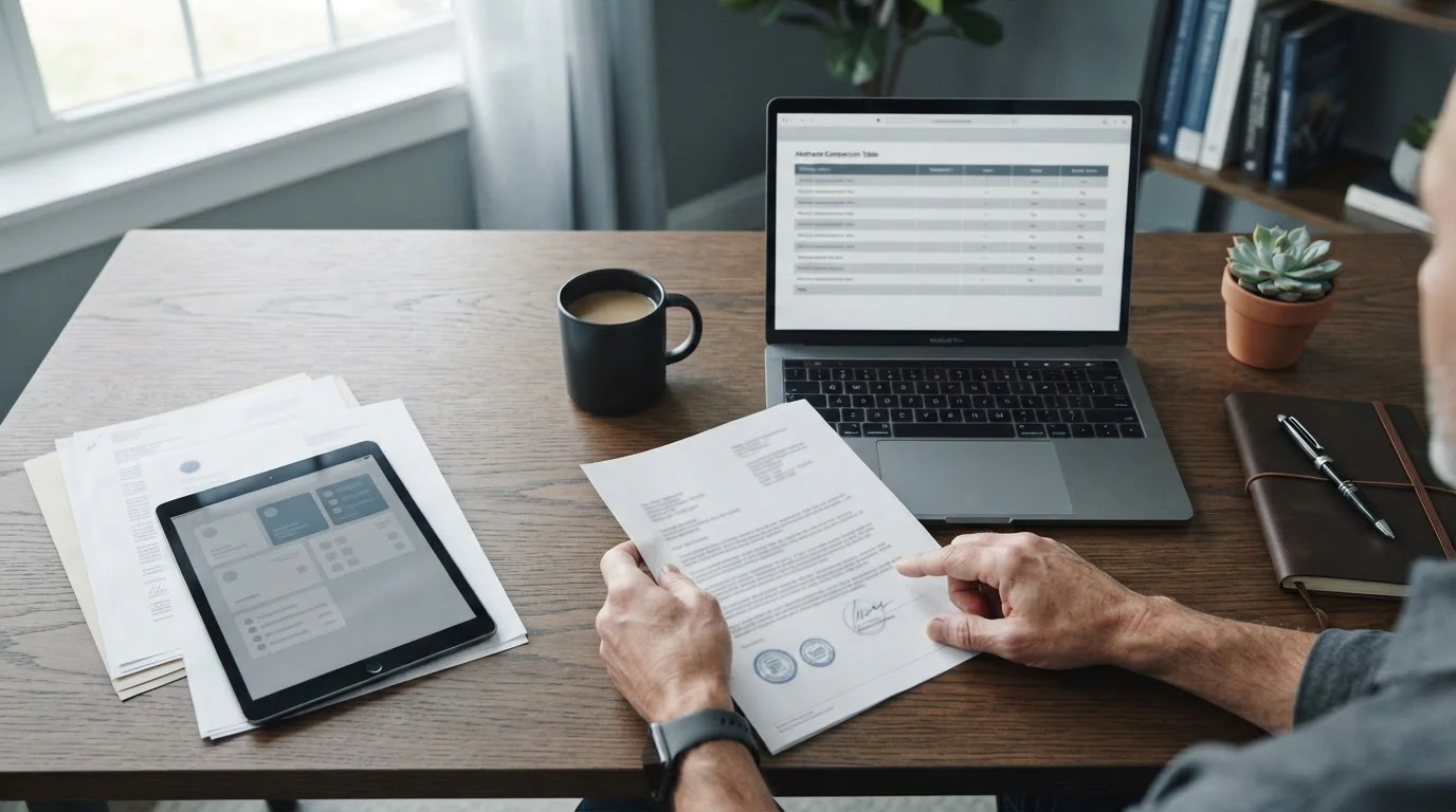 Mesa de trabajo con documentos y pantalla mostrando comparativa de operadores de apuestas
