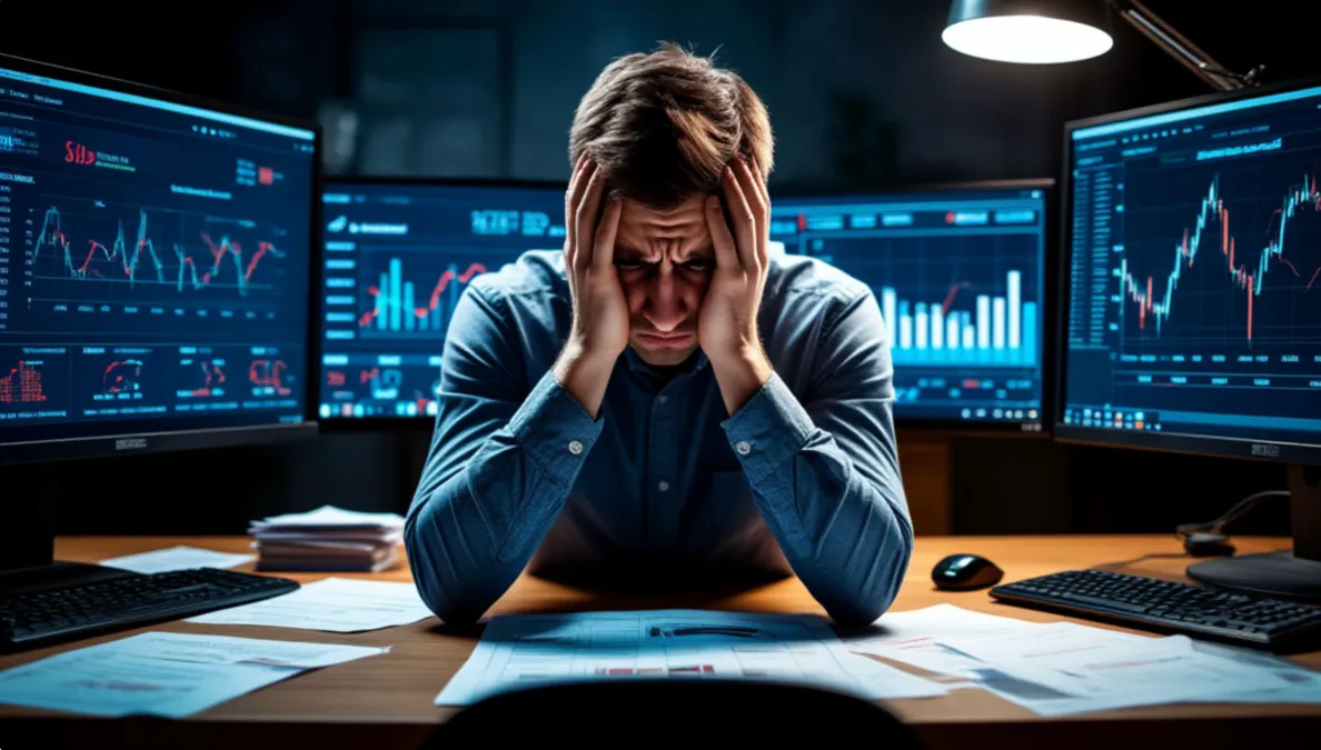 Persona estresada frente a múltiples pantallas mostrando datos