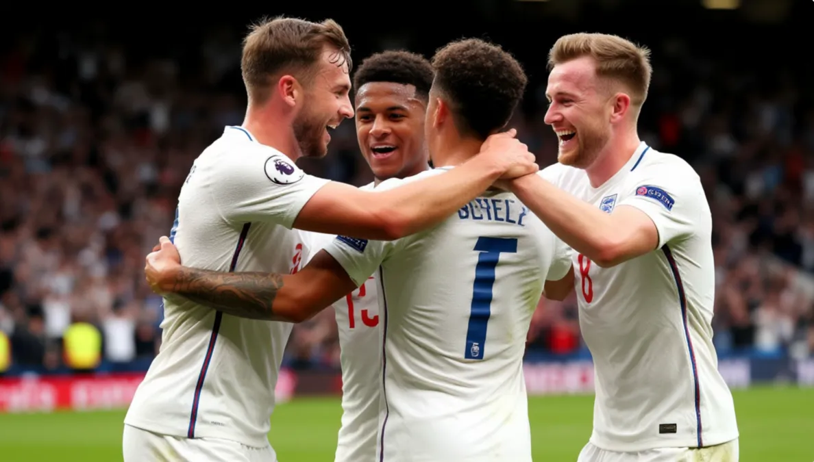 Jugadores ingleses celebrando un gol durante un partido internacional