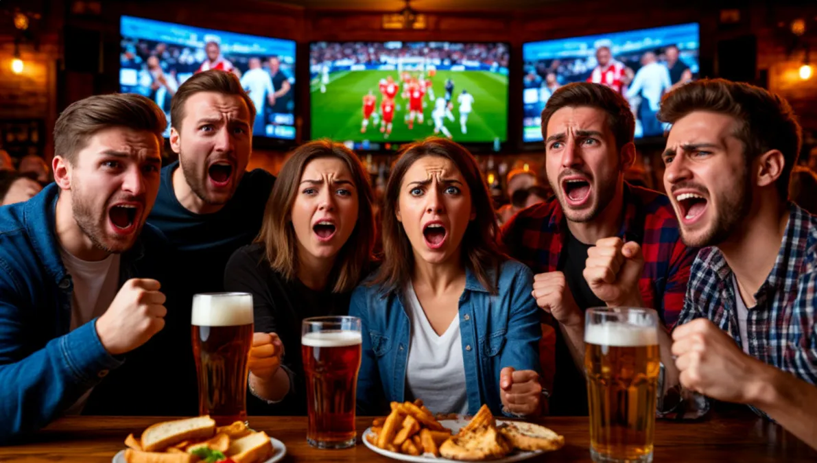 Grupo de personas viendo un partido de fútbol en un bar