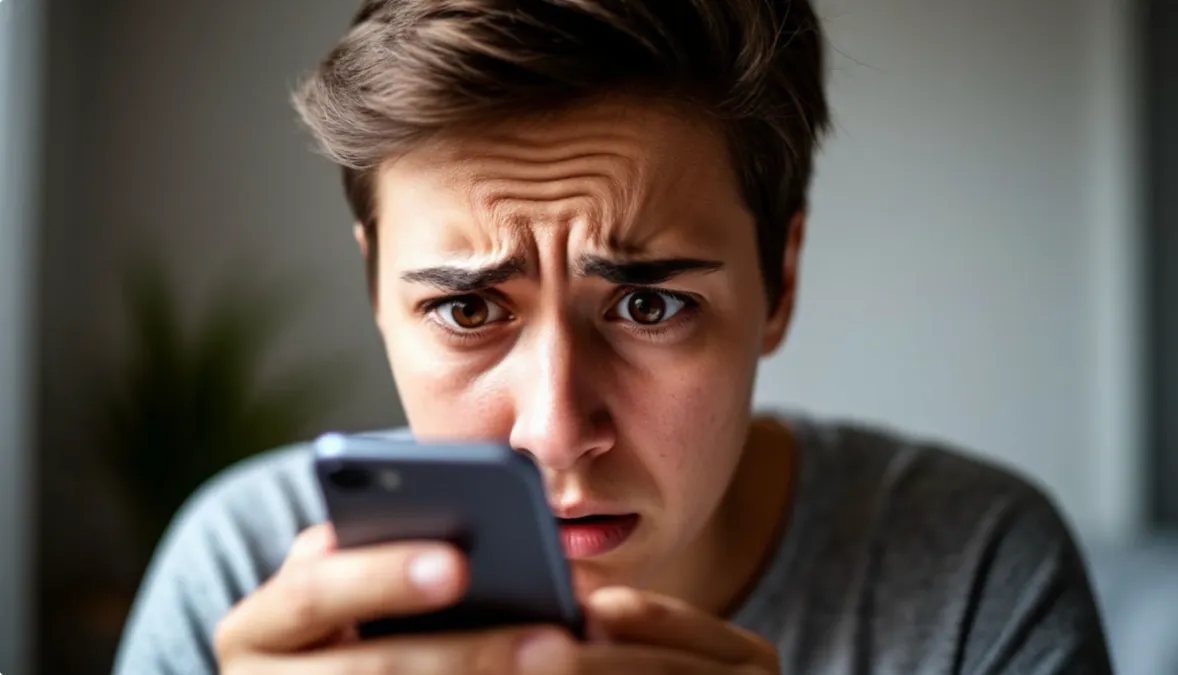 Persona con expresión preocupada mirando su teléfono móvil