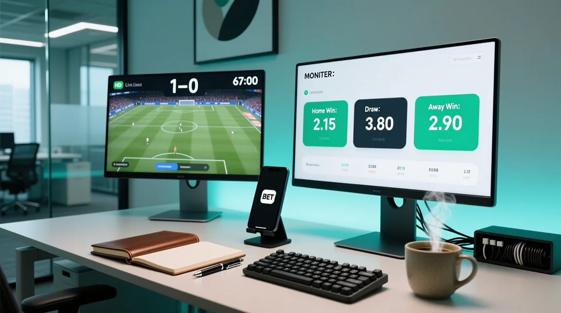 Estación de trabajo profesional con doble monitor para apuestas en vivo mostrando partido en directo y plataforma de cuotas simultáneamente