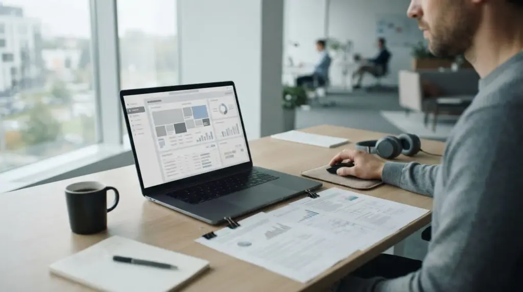 Espacio de trabajo con documentación técnica y portátil mostrando análisis de software de apuestas deportivas bajo normativa española