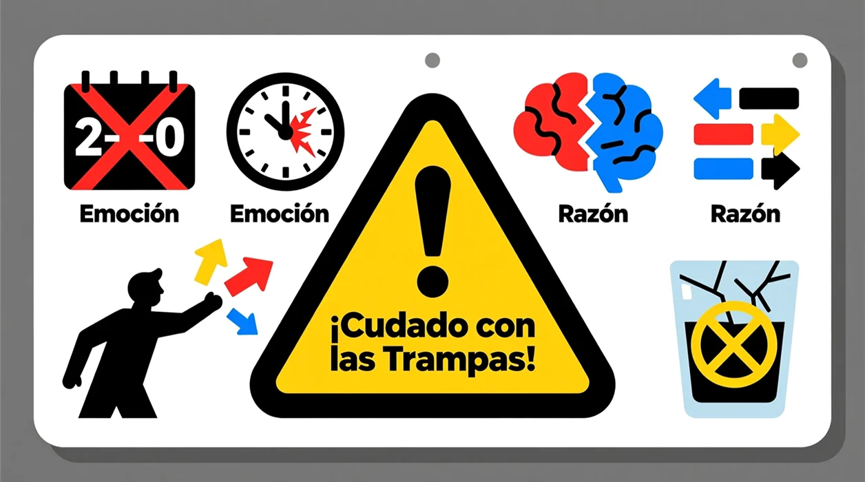 Ilustración de advertencia mostrando las 5 trampas mortales comunes en apuestas en vivo que causan pérdidas sistemáticas
